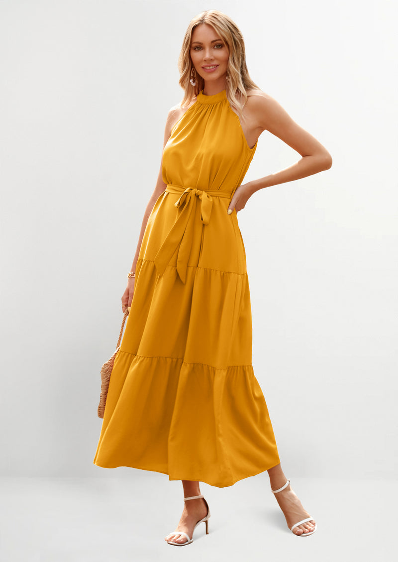 PRETTYGARDEN Women's Summer Floral Maxi Sun Dress Sleeveless Halter Neck Flowy Ruffle Hem Long Boho Dresses with Belt