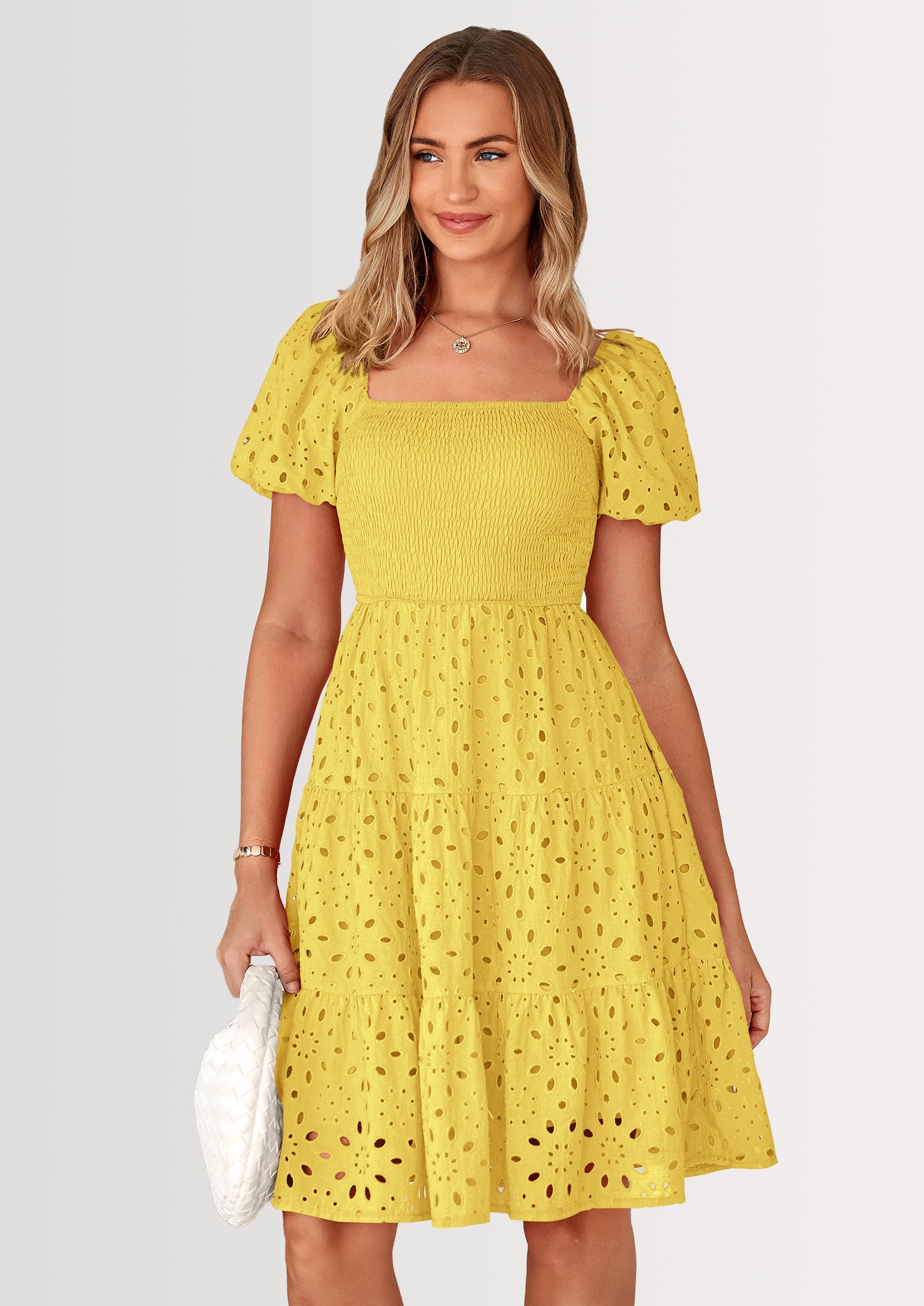 PRETTYGARDEN Womens Summer Puff Sleeve Mini Dress Off Shoulder Eyelet Smocked A Line Casual Babydoll Short Dresses