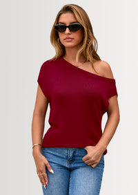 PRETTYGARDEN Womens Off The Shoulder Tops Summer Casual Short Sleeve Tunic T Shirts Lightweight Knit Sweaters