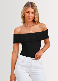 PRETTYGARDEN Women's Summer Off Shoulder Sweater Tops Ribbed Knit Short Sleeve Trendy Going Out Date Night Blouse