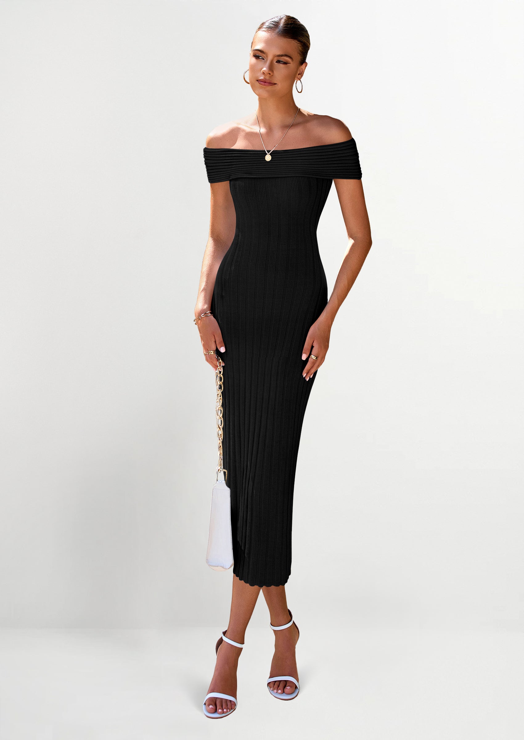 PRETTYGARDEN Summer Dresses for Women Formal Off The Shoulder Midi Bodycon Ribbed Knit Spring Wedding Guest Dress