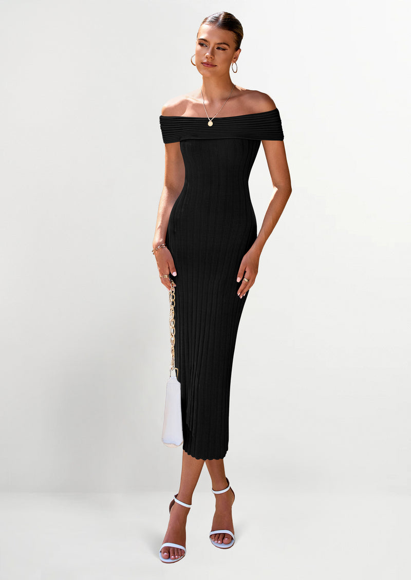 PRETTYGARDEN Summer Dresses for Women Formal Off The Shoulder Midi Bodycon Ribbed Knit Spring Wedding Guest Dress