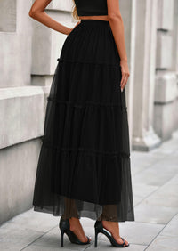 PRETTYGARDEN Maxi Skirts for Women Fall Tulle High Waisted Ruffle Flowy A-Line Long Skirt Country Concert Outfits