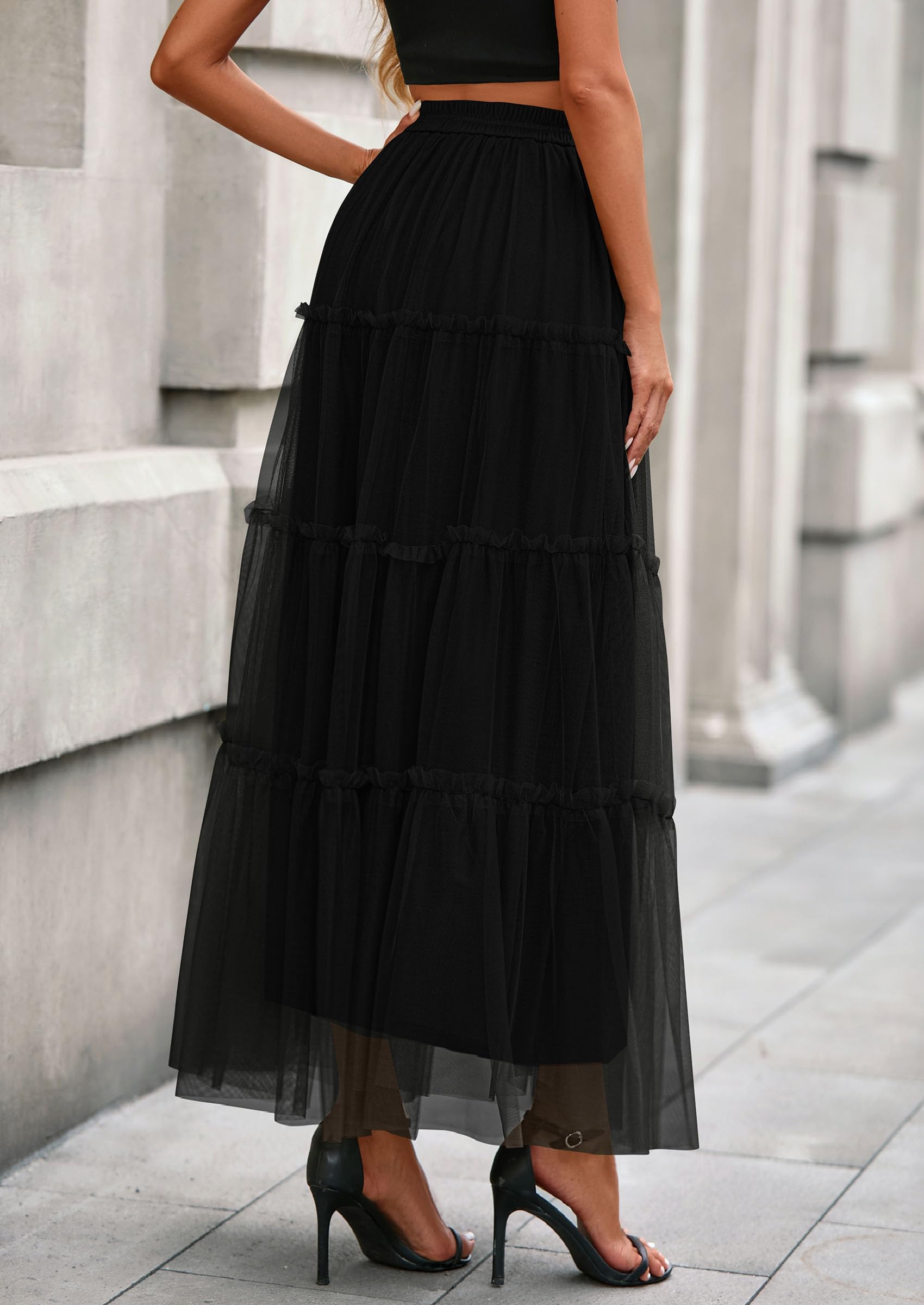PRETTYGARDEN Maxi Skirts for Women Fall Tulle High Waisted Ruffle Flowy A-Line Long Skirt Country Concert Outfits