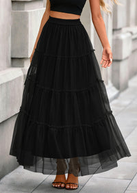 PRETTYGARDEN Maxi Skirts for Women Fall Tulle High Waisted Ruffle Flowy A-Line Long Skirt Country Concert Outfits