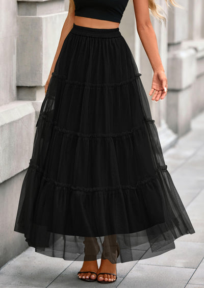 PRETTYGARDEN Maxi Skirts for Women Fall Tulle High Waisted Ruffle Flowy A-Line Long Skirt Country Concert Outfits