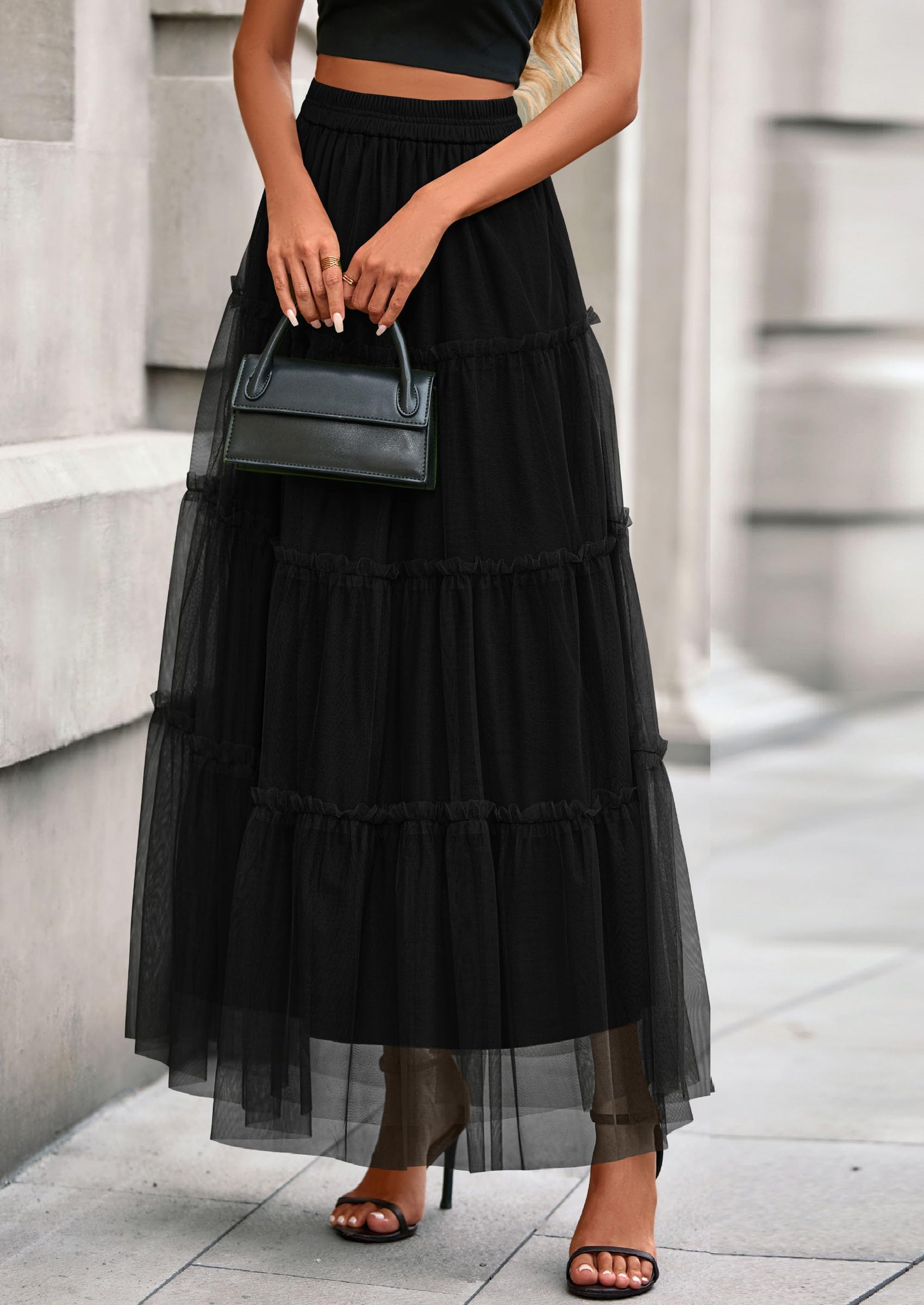 PRETTYGARDEN Maxi Skirts for Women Fall Tulle High Waisted Ruffle Flowy A-Line Long Skirt Country Concert Outfits