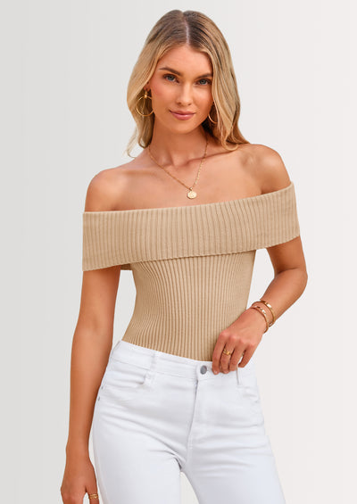 PRETTYGARDEN Women's Summer Off Shoulder Sweater Tops Ribbed Knit Short Sleeve Trendy Going Out Date Night Blouse