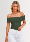 PRETTYGARDEN Women's Summer Off Shoulder Sweater Tops Ribbed Knit Short Sleeve Trendy Going Out Date Night Blouse