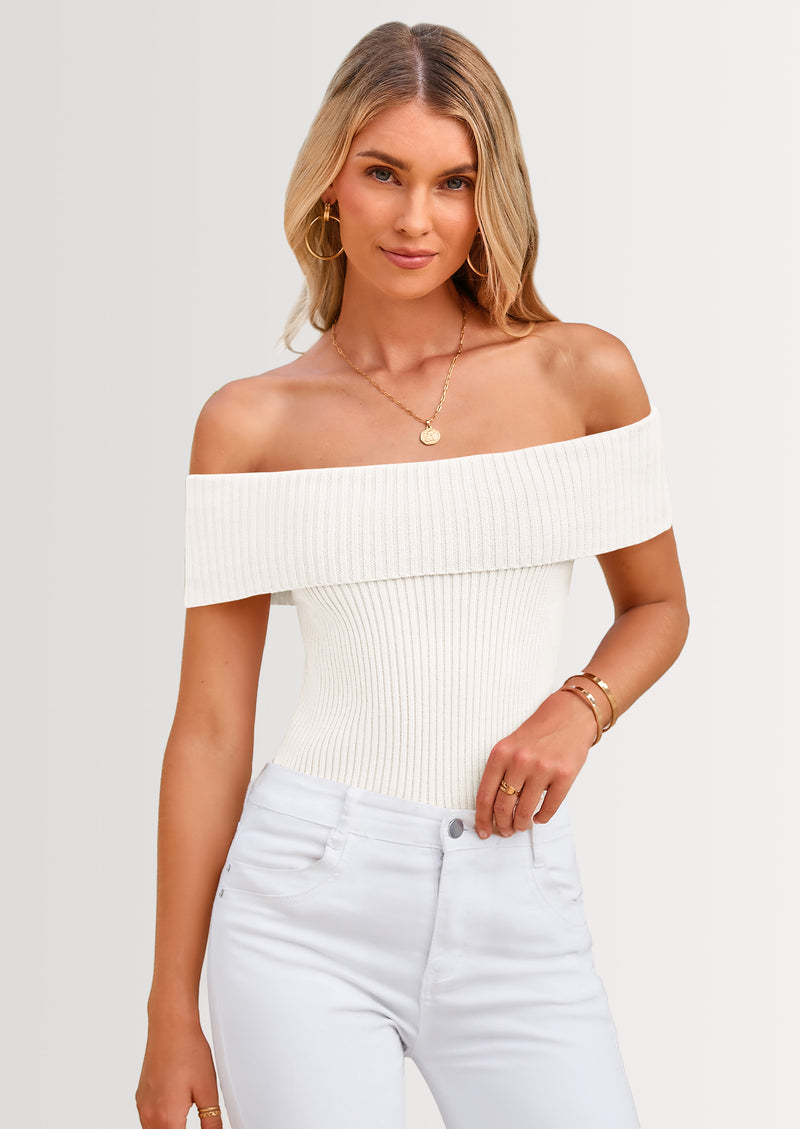 PRETTYGARDEN Women's Summer Off Shoulder Sweater Tops Ribbed Knit Short Sleeve Trendy Going Out Date Night Blouse