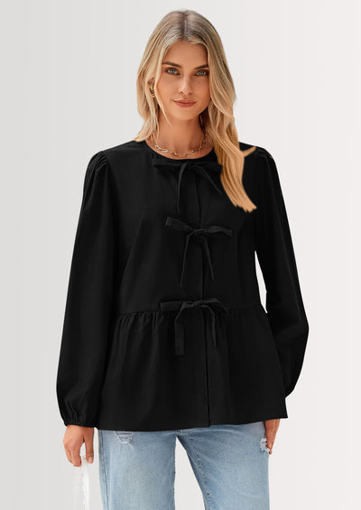 PRETTYGARDEN Women's Spring Fall Babydoll Peplum Blouse Shirt Puff Long Sleeve Bow Tie Front Trendy Cute Y2K Going Out Tops