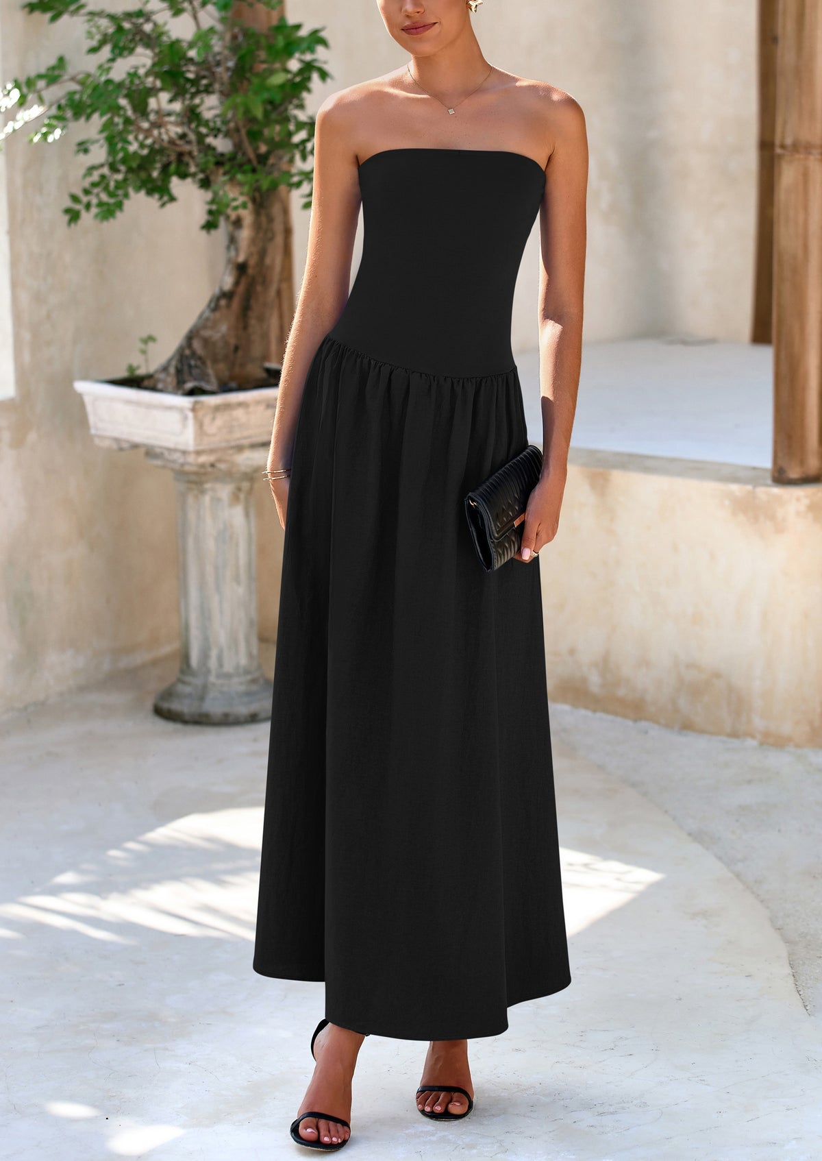 Strapless Patchwork Long Flowy Elegant Tube Top Maxi Dresses with Pockets