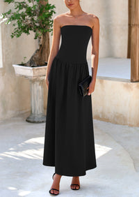 Strapless Patchwork Long Flowy Elegant Tube Top Maxi Dresses with Pockets