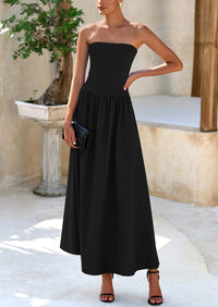 Strapless Patchwork Long Flowy Elegant Tube Top Maxi Dresses with Pockets