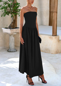 Strapless Patchwork Long Flowy Elegant Tube Top Maxi Dresses with Pockets