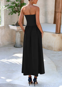 Strapless Patchwork Long Flowy Elegant Tube Top Maxi Dresses with Pockets