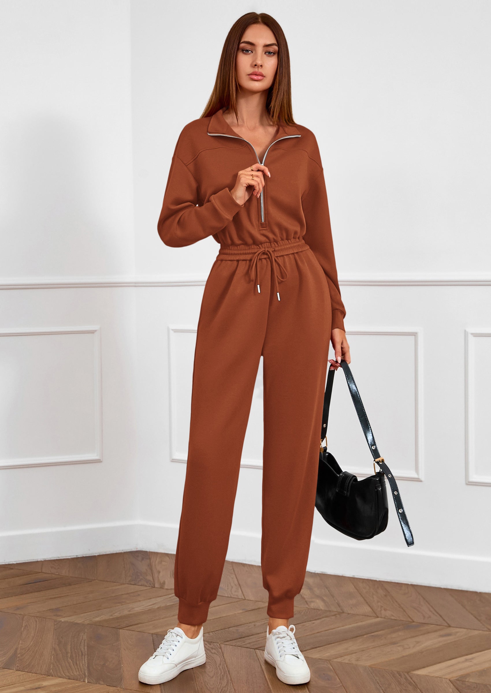 PRETTYGARDEN Long Sleeve Jumpsuits for Women Casual Fall Fashion Zip U