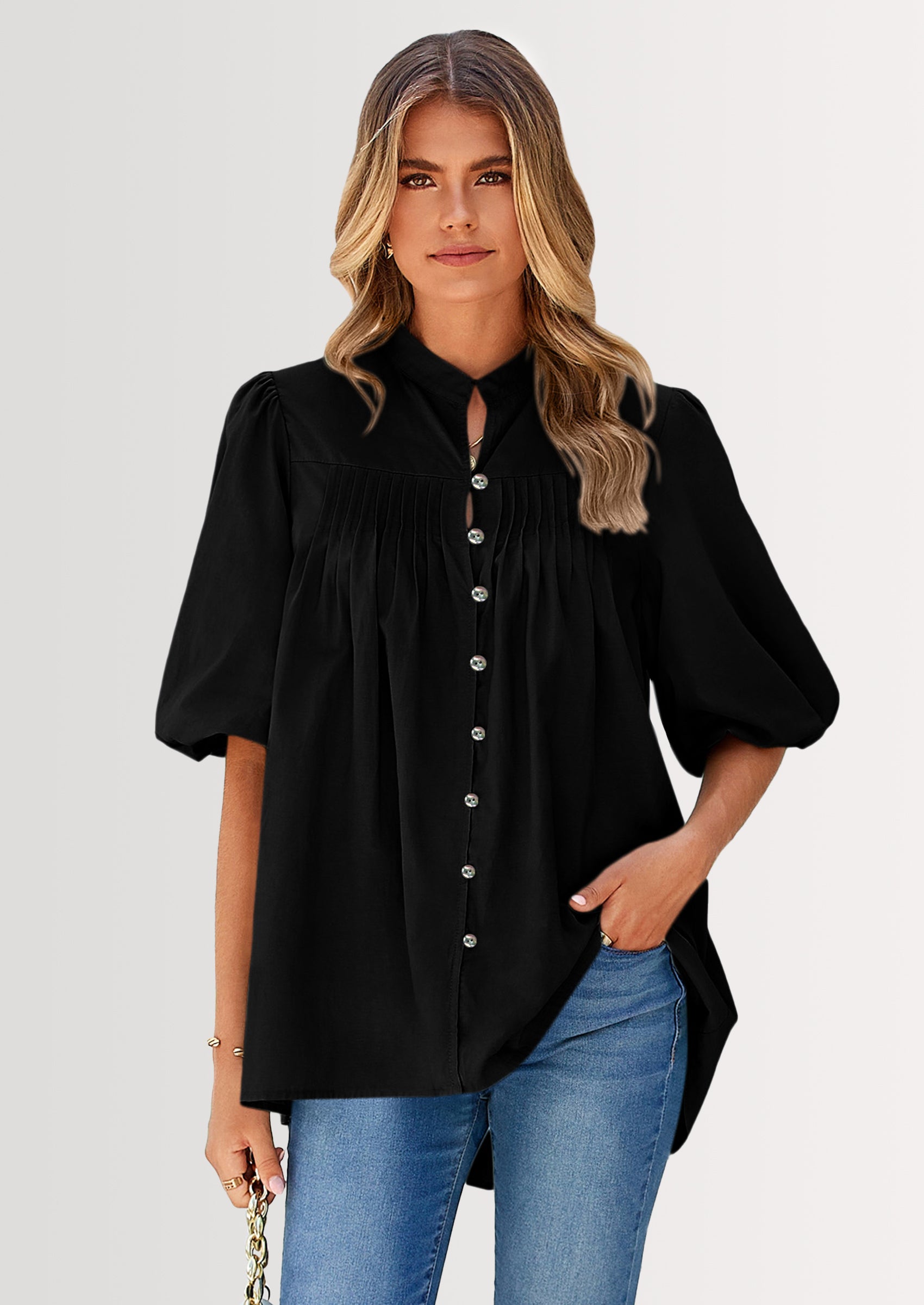 PRETTYGARDEN Women's Summer Short Lantern Sleeve Tops Loose Fit Button Down Shirt Casual Pleated V Neck Blouses