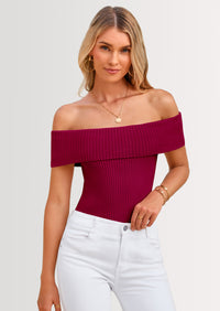 PRETTYGARDEN Women's Summer Off Shoulder Sweater Tops Ribbed Knit Short Sleeve Trendy Going Out Date Night Blouse