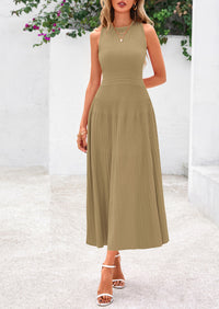 Sleeveless Crew Neck Knit A Line Pleated Swing Wedding Guest Casual Midi Dresses