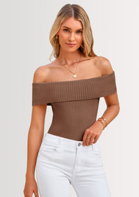 PRETTYGARDEN Women's Summer Off Shoulder Sweater Tops Ribbed Knit Short Sleeve Trendy Going Out Date Night Blouse