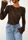 PRETTYGARDEN Womens Lace Long Bell Sleeve Tops Fall Sexy See Through Sheer Floral Blouse Shirt Fitted Going Out Outfits