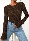 PRETTYGARDEN Womens Lace Long Bell Sleeve Tops Fall Sexy See Through Sheer Floral Blouse Shirt Fitted Going Out Outfits