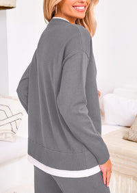 PRETTYGARDEN Two Piece Matching Sweater Lounge Sets Knit Long Sleeve Pullover Tops Wide Leg Pants