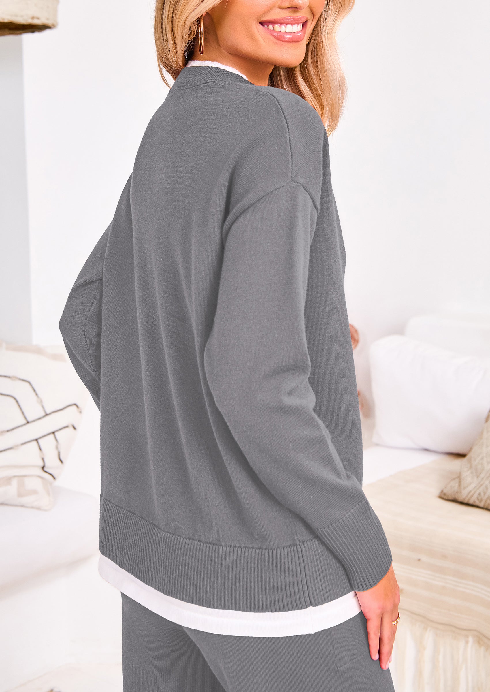 PRETTYGARDEN Two Piece Matching Sweater Lounge Sets Knit Long Sleeve Pullover Tops Wide Leg Pants