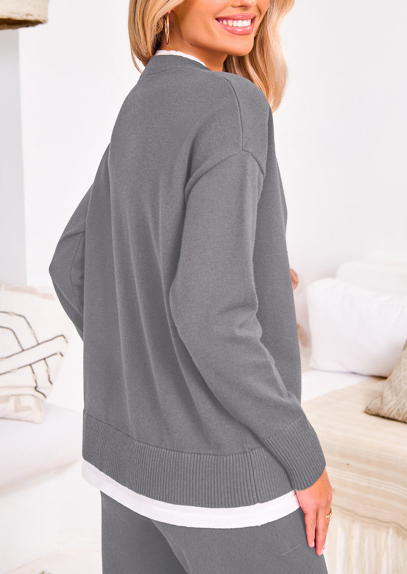 PRETTYGARDEN Two Piece Matching Sweater Lounge Sets Knit Long Sleeve Pullover Tops Wide Leg Pants