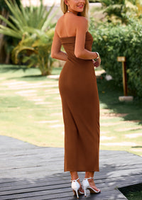 Ribbed Strapless Side Slit Long Going Out Casual Elegant Party Dresses