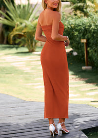 Ribbed Strapless Side Slit Long Going Out Casual Elegant Party Dresses