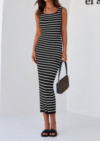 Casual Sleeveless Striped Ribbed Knit Beach Vacation Sundress Tank Midi Dress