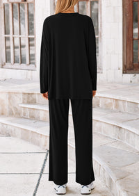Long Sleeve High Low Tops T-Shirts Wide Leg Pants Two Piece Sets