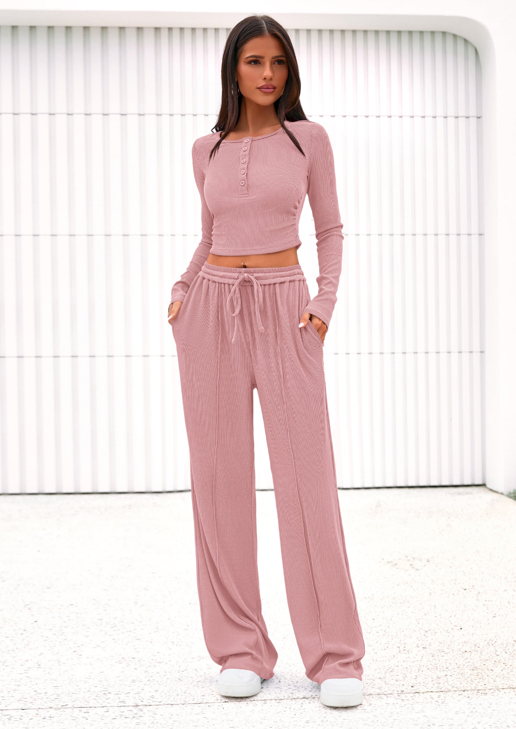 PRETTYGARDEN Women's Fall Trendy 2 Piece Outfits Lounge Sets Long Sleeve Top Henley Shirts Wide Leg Pants Travel Clothes