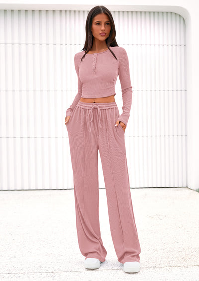 PRETTYGARDEN Women's Fall Trendy 2 Piece Outfits Lounge Sets Long Sleeve Top Henley Shirts Wide Leg Pants Travel Clothes