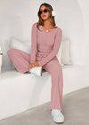 PRETTYGARDEN Women's Fall Trendy 2 Piece Outfits Lounge Sets Long Sleeve Top Henley Shirts Wide Leg Pants Travel Clothes