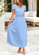 Casual Button V Neck Ruffle Cap Sleeve Long Flowy Pleated Maxi Dresses