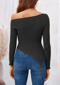 Long Sleeve Y2K Crop Top Off Shoulder Asymmetrical Fitted Knit Blouses