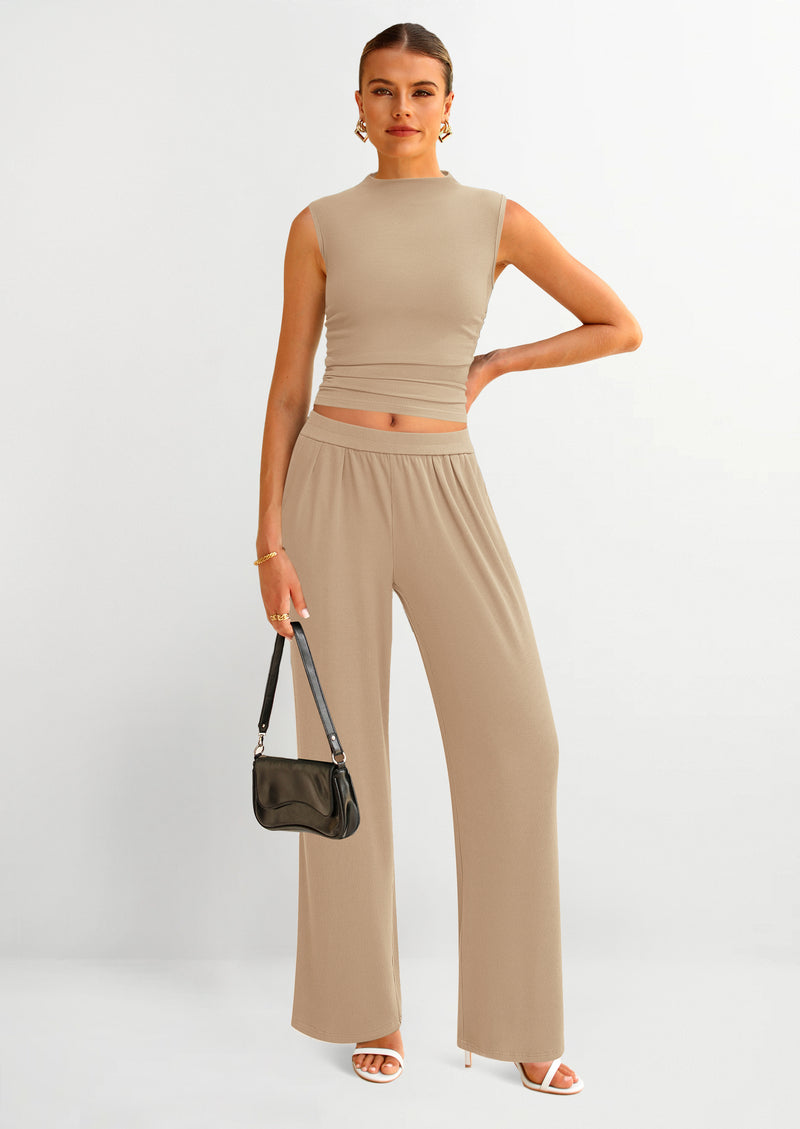 PRETTYGARDEN 2 Piece Sets for Women Summer Airport Travel Outfits Crop Tank Tops Wide Leg Pants Matching Lounge Sets
