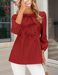 Babydoll Trendy 3/4 Length Puff Sleeve Bow Tie Front Cute Peplum Blouses