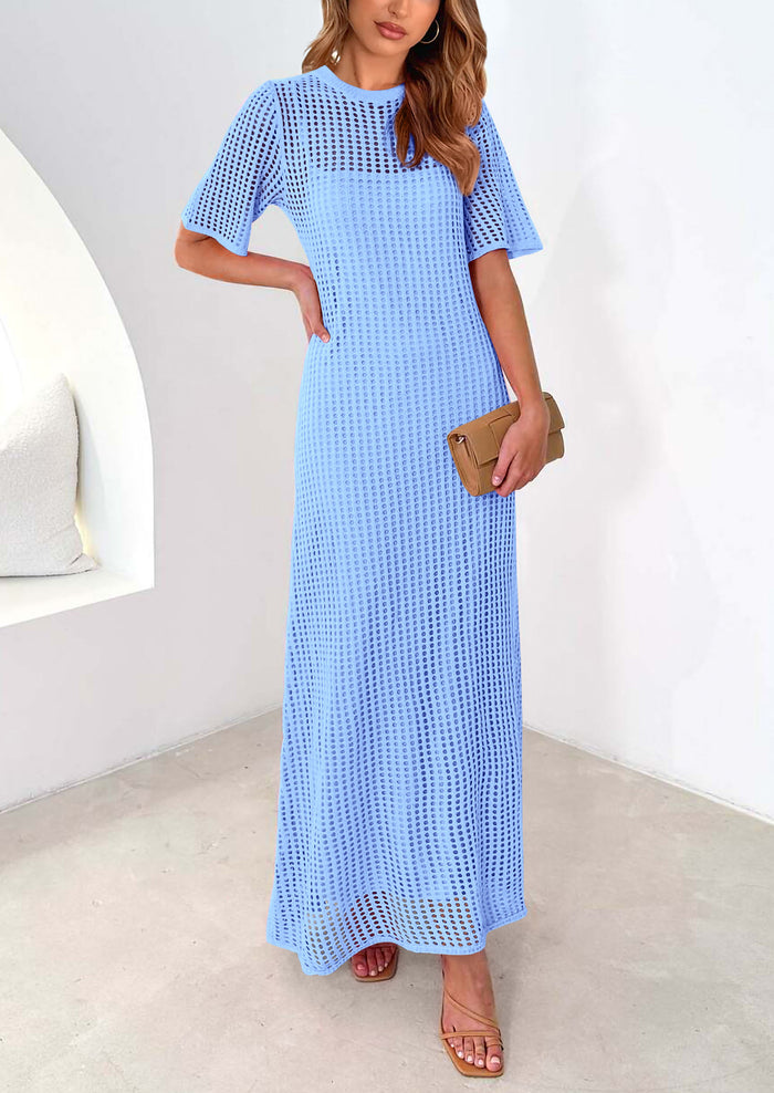 Eyelet Beach Vacation Resort Short Sleeve Hollow Out Dress Cover Up Maxi Dresses