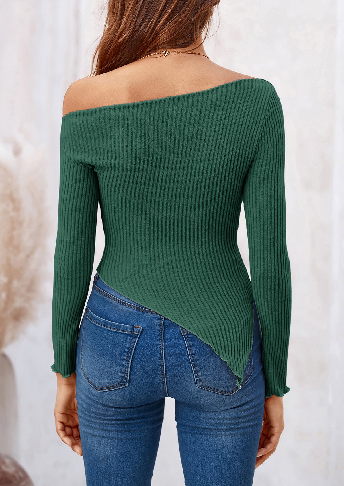 Long Sleeve Y2K Crop Top Off Shoulder Asymmetrical Fitted Knit Blouses