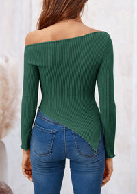 Long Sleeve Y2K Crop Top Off Shoulder Asymmetrical Fitted Knit Blouses