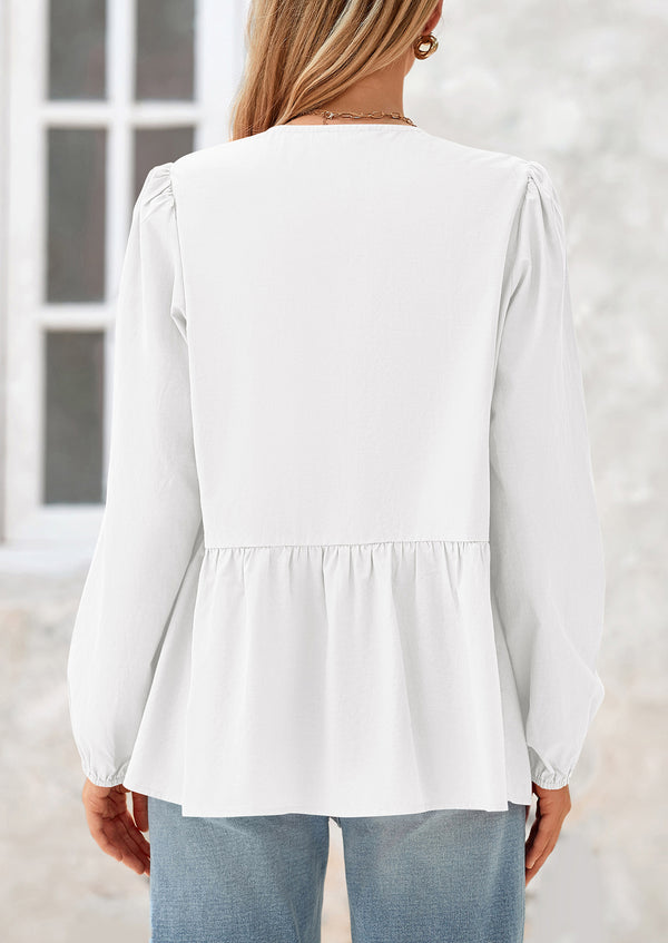 Babydoll Peplum Puff Long Sleeve Bow Tie Front Y2K Blouses