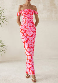 Ruched Bodycon Off Shoulder Floral Mesh Cocktail Party Fitted Maxi Dress