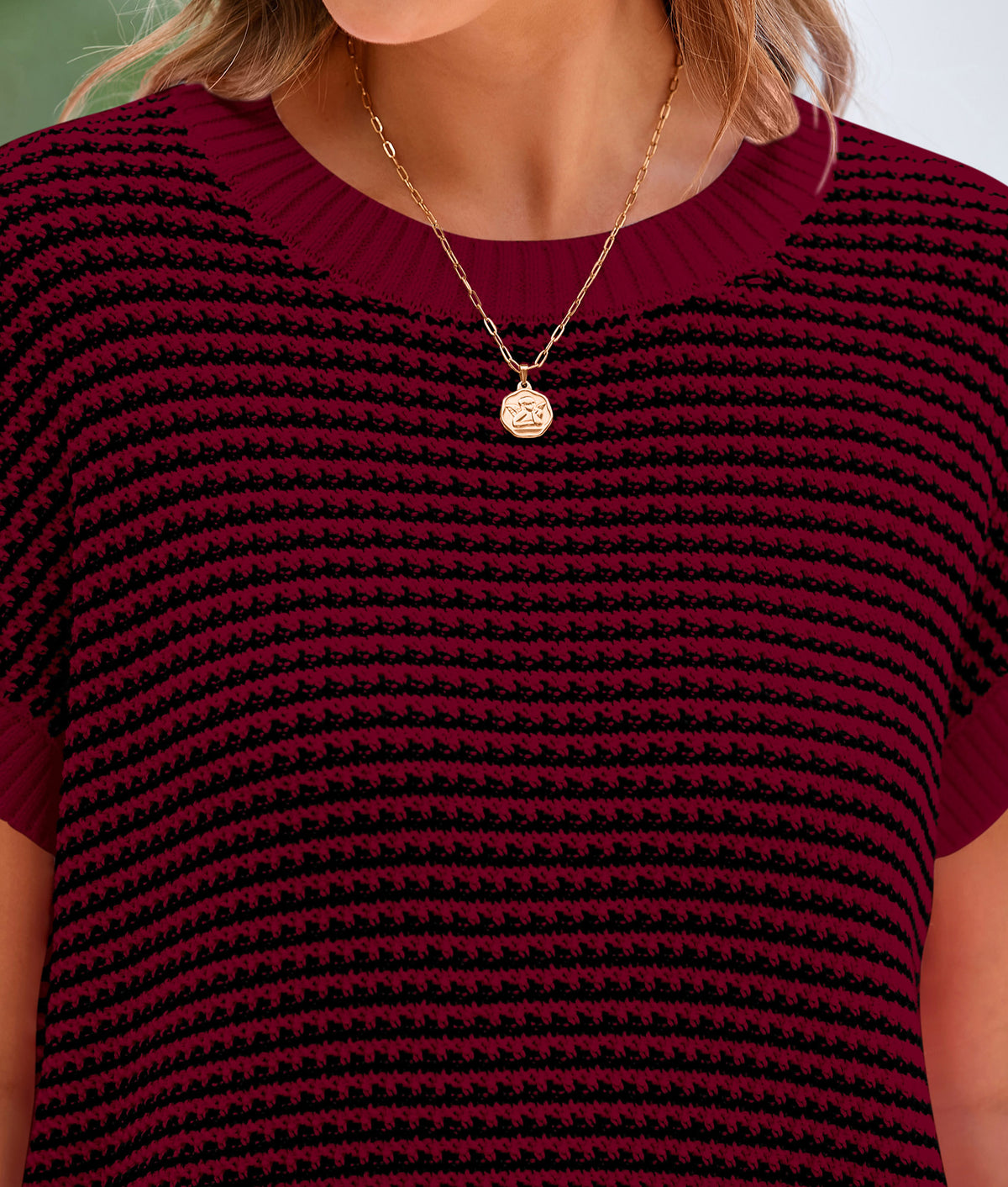 Short Sleeve Round Neck Striped Pullover Cap Sleeve Knit T-shirt
