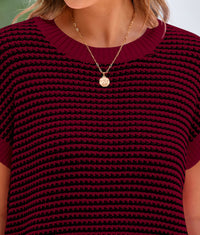Short Sleeve Round Neck Striped Pullover Cap Sleeve Knit T-shirt