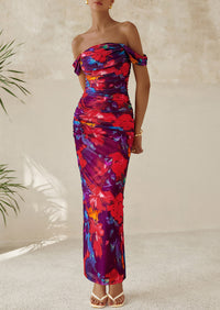 Ruched Bodycon Off Shoulder Floral Mesh Cocktail Party Fitted Maxi Dress