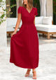 Casual Button V Neck Ruffle Cap Sleeve Long Flowy Pleated Maxi Dresses